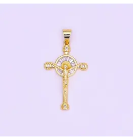 Aim Eternal 14K Gold Filled Clear Baguette Sun Ray Round Crucifix Cross Pendant
