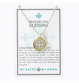 My Saint My Hero Benedictine Blessing Gold Rim Necklace Large 24"+