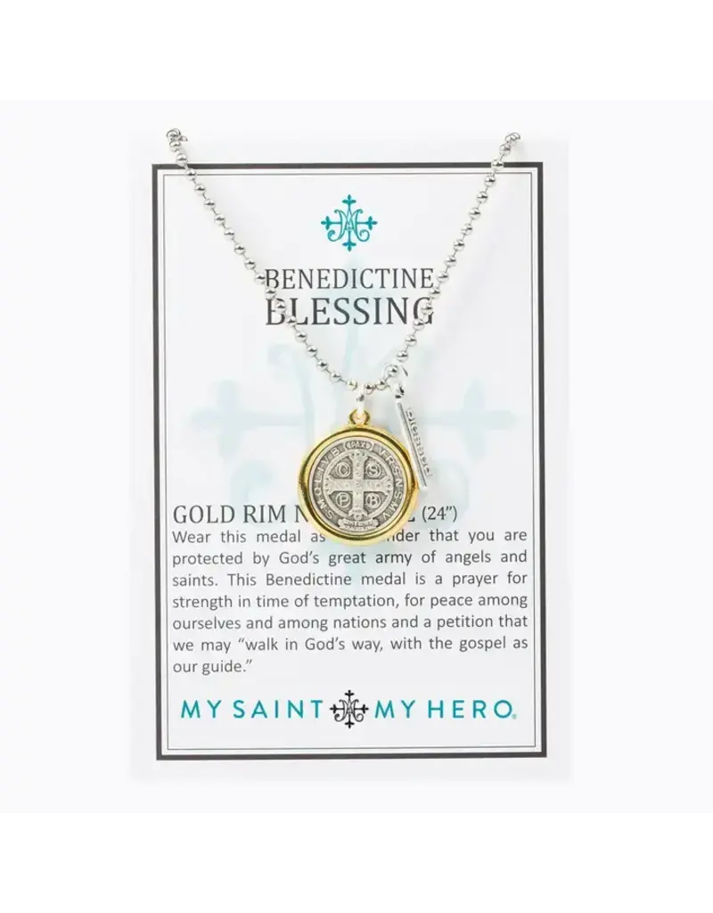 My Saint My Hero Benedictine Blessing Gold Rim Necklace Large 24"+
