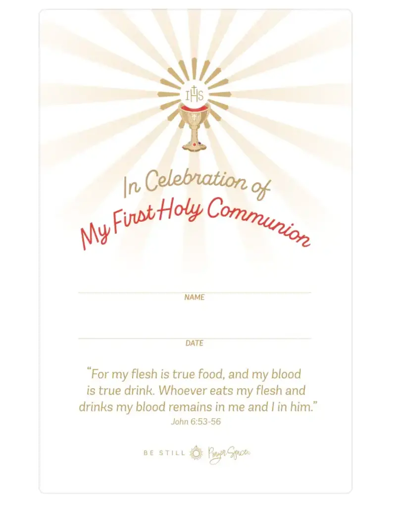 Be Still Prayer Space First Communion Remembrance Card, Blessed Sacrament, Chalice and Eucharist | Be Still Prayer Space