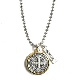 My Saint My Hero Benedictine Blessing Gold Rim Necklace 18"+
