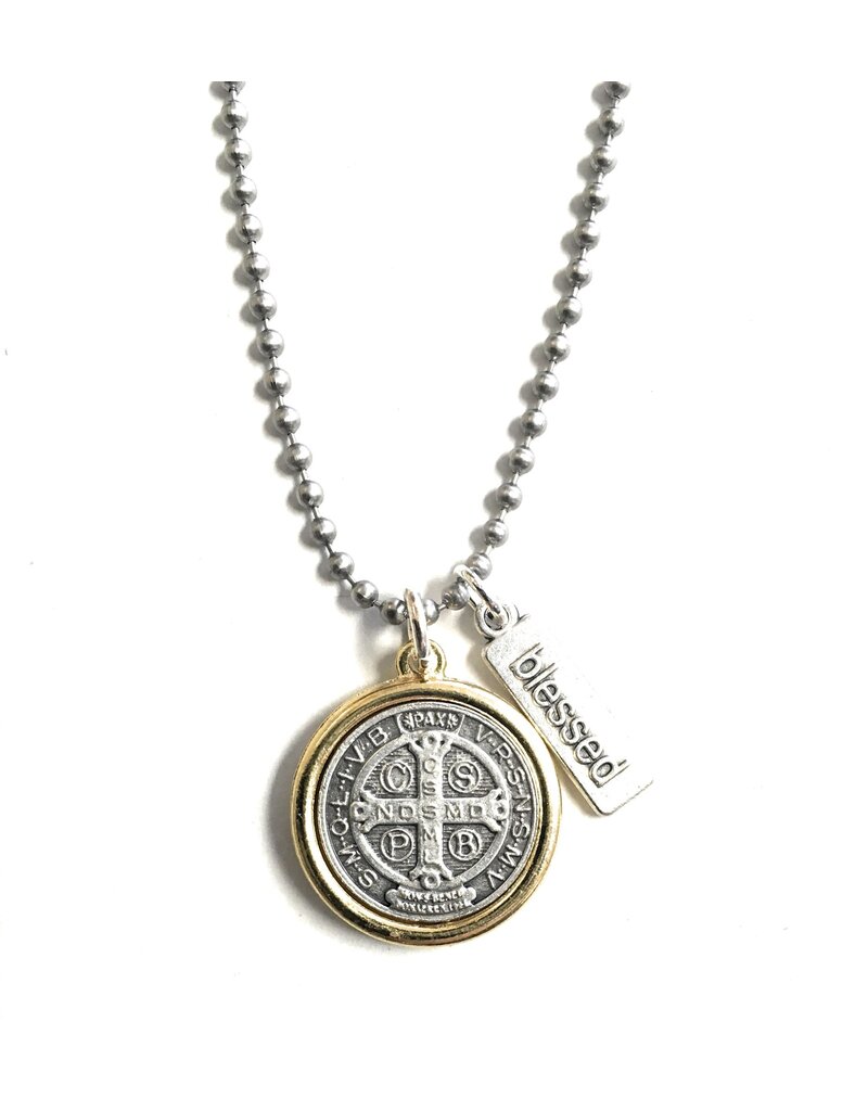 My Saint My Hero Benedictine Blessing Gold Rim Necklace 18"+