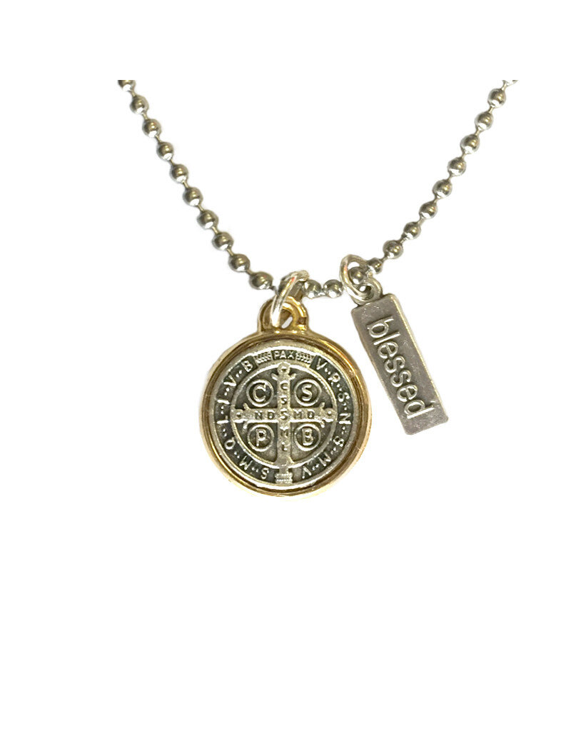 My Saint My Hero Benedictine Blessing Gold Rim Necklace 18"+