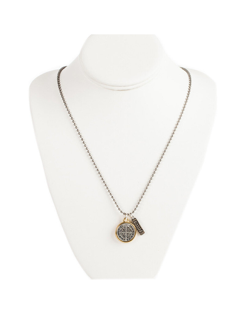 My Saint My Hero Benedictine Blessing Gold Rim Necklace 18"+