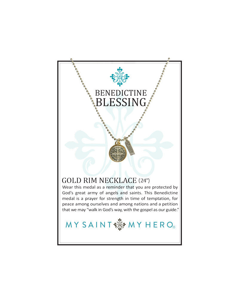 My Saint My Hero Benedictine Blessing Gold Rim Necklace 18"+