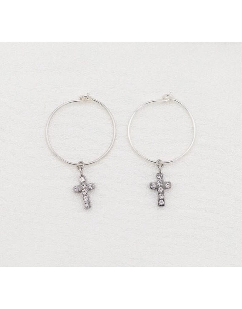 My Saint My Hero Faith Petite Crystal Cross Hoop Earrings - Silver