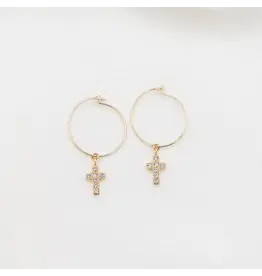 My Saint My Hero Faith Petite Crystal Cross Hoop Earrings - Gold