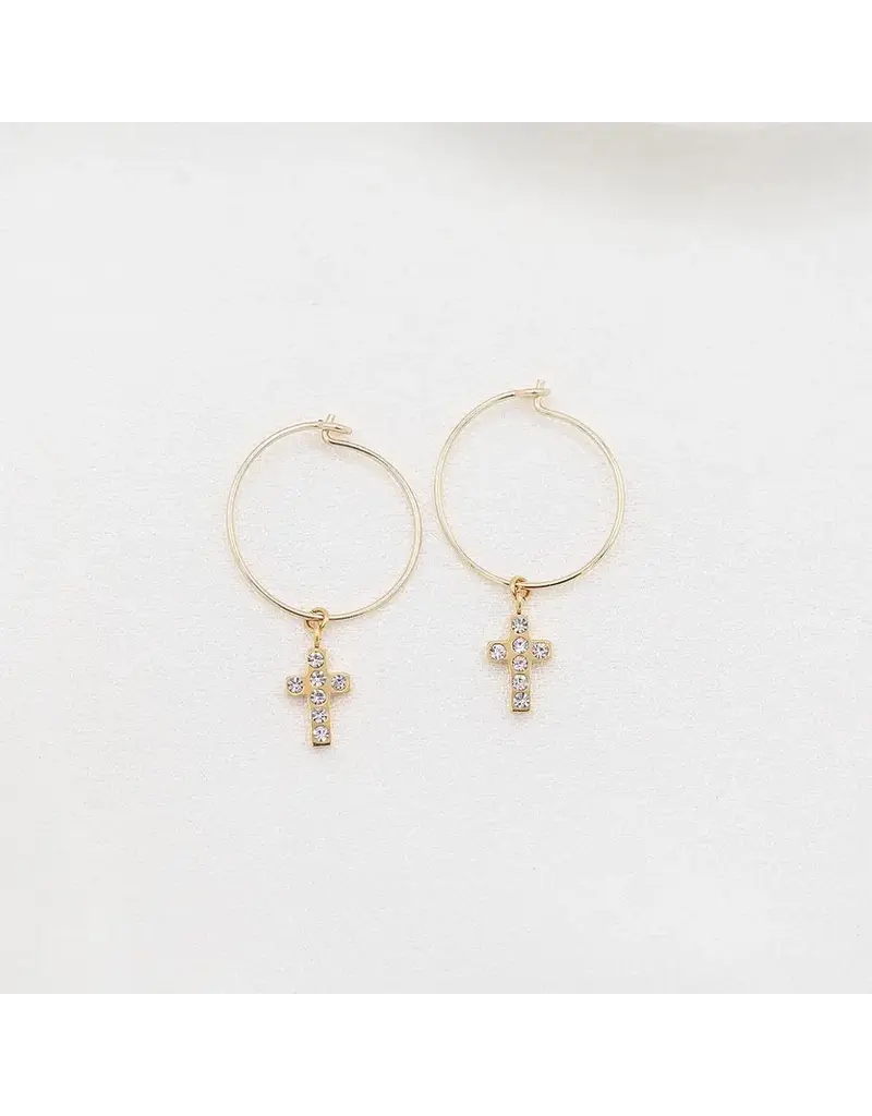 My Saint My Hero Faith Petite Crystal Cross Hoop Earrings - Gold