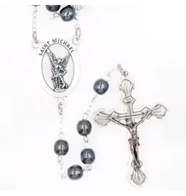 Lumen Mundi Hematite Rosary with St. Michael Centerpiece and Silver Crucifix