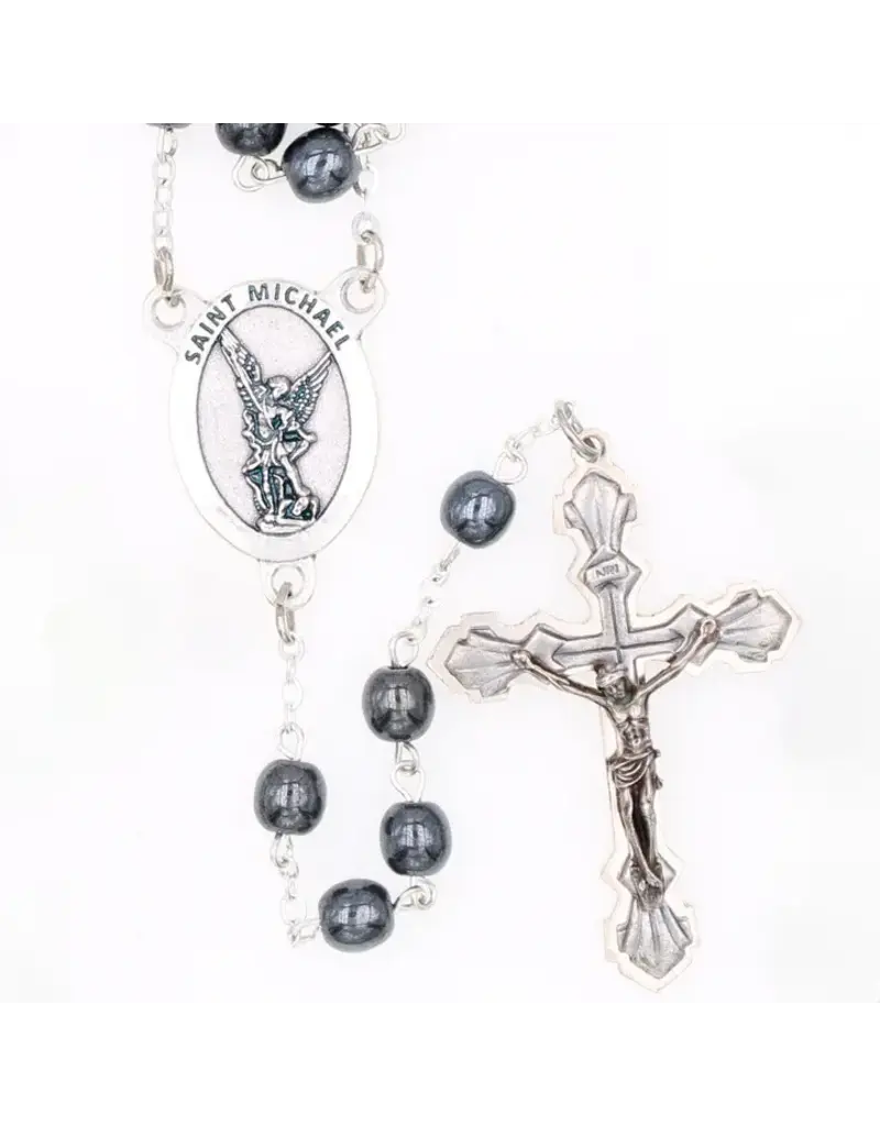 Lumen Mundi Hematite Rosary with St. Michael Centerpiece and Silver Crucifix