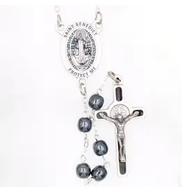 Lumen Mundi Hematite Rosary with St. Benedict Center and Enameled Benedict Crucifix