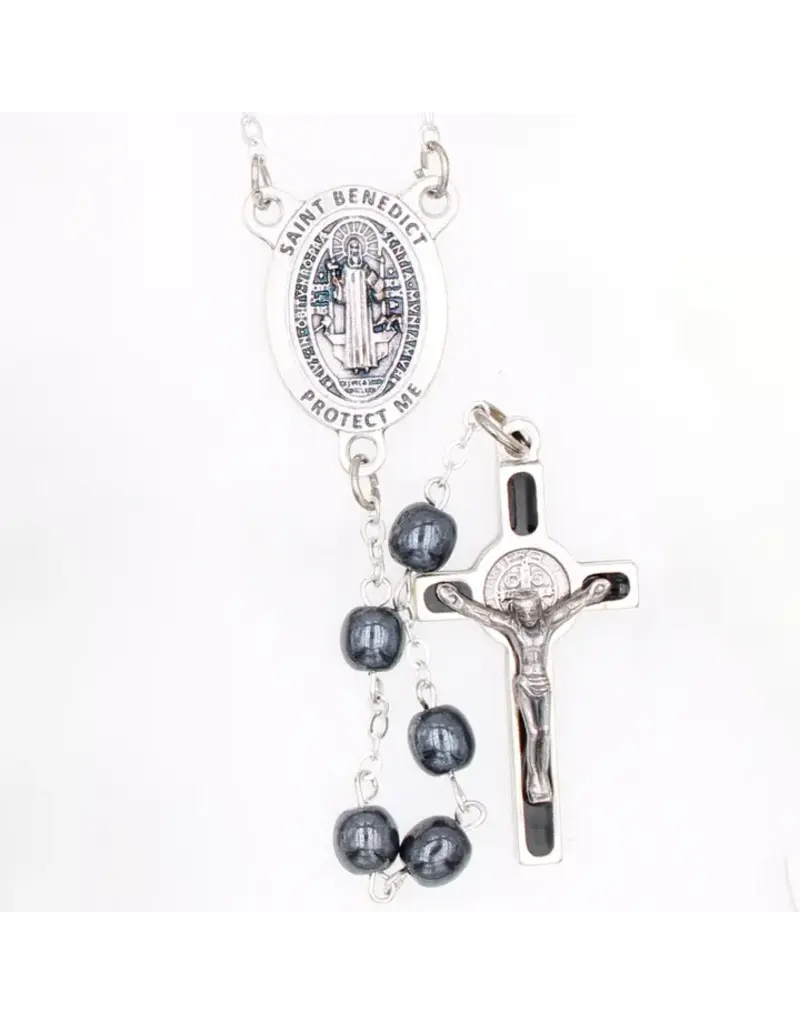 Lumen Mundi Hematite Rosary with St. Benedict Center and Enameled Benedict Crucifix