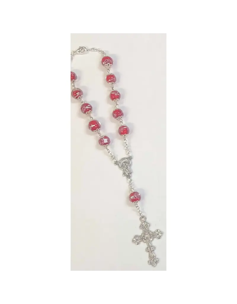 Lumen Mundi Red Auto Rosary with 10 mm Crystal Beads and Rose Petal Painted on Each Bead