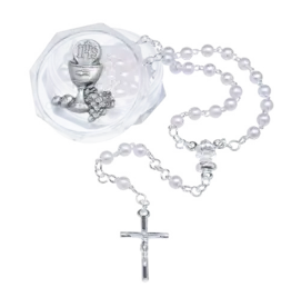 Lumen Mundi 4mm White Communion Rosary with Silver-tone Chalice on Acrylic box