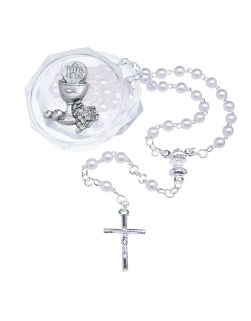 Lumen Mundi 4mm White Communion Rosary with Silver-tone Chalice on Acrylic box