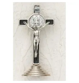 Lumen Mundi Saint Benedict Silver Tone Mini Crucifix on Base - Black Enamel