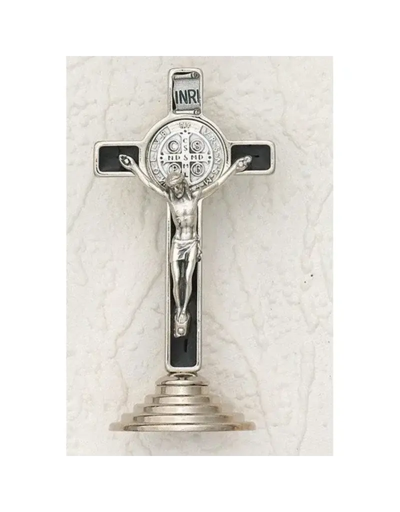 Lumen Mundi Saint Benedict Silver Tone Mini Crucifix on Base - Black Enamel