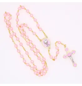 Lumen Mundi 6mm Communion Rosary in Frosted Pink Gold Tone with Matching Crucifix
