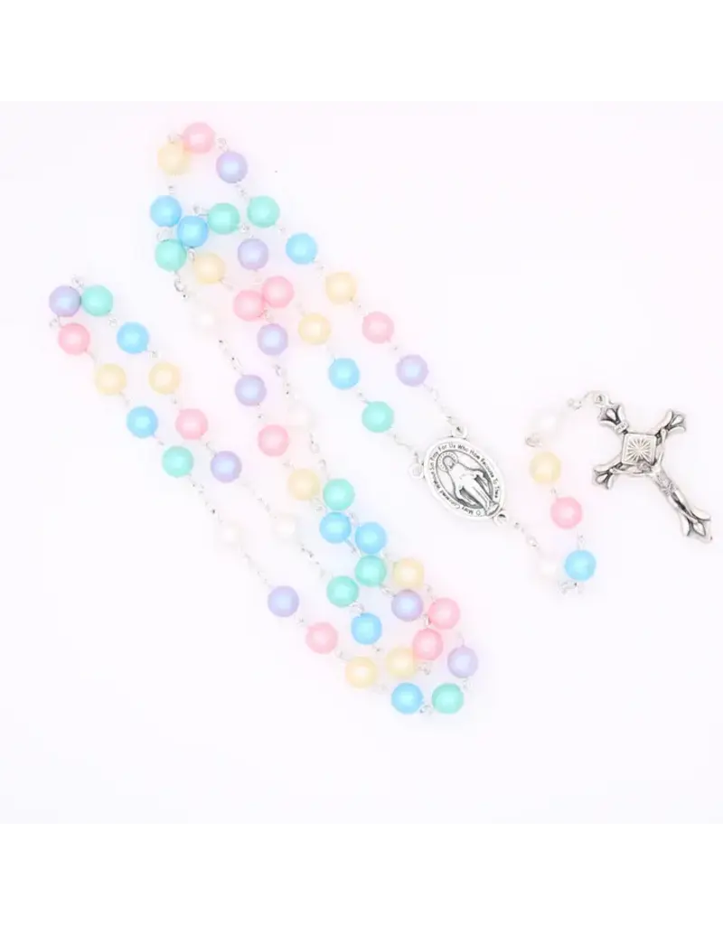 Lumen Mundi Round Frosted Multicolor Bead Rosary with Miraculous Center and Silver Tone Crucifix