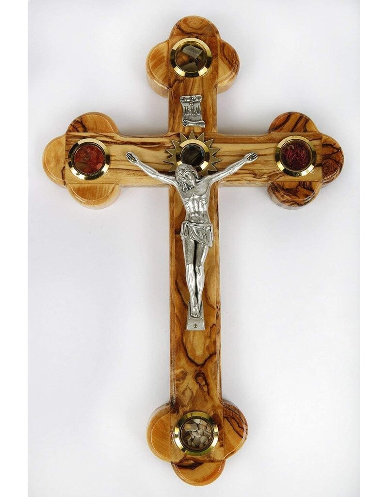 Holy Land Cradle 11" Olivewood Crucifix with 5 relic windows