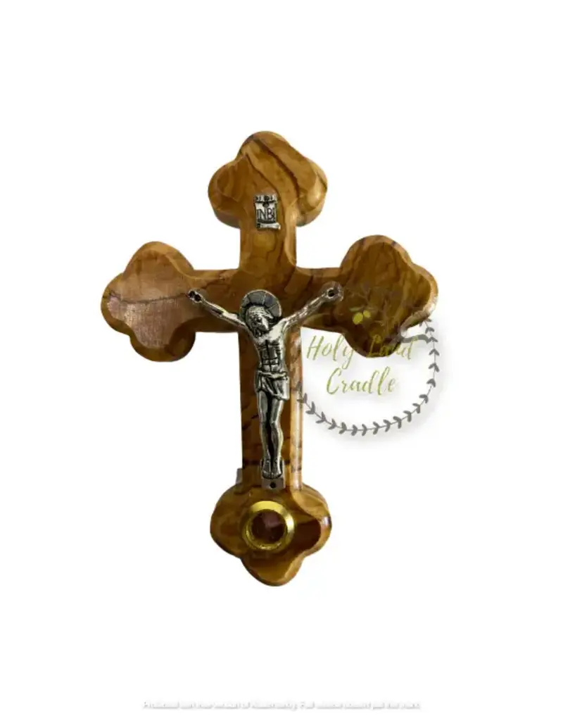 Holy Land Cradle 4" Olivewood Crucifix with  relic window