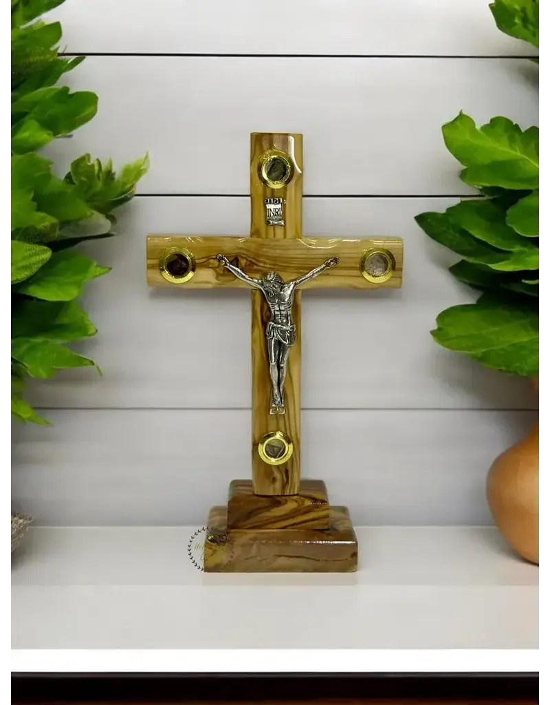 Holy Land Cradle 5.5 " Olive Wood Crucifix with 4 relics and base