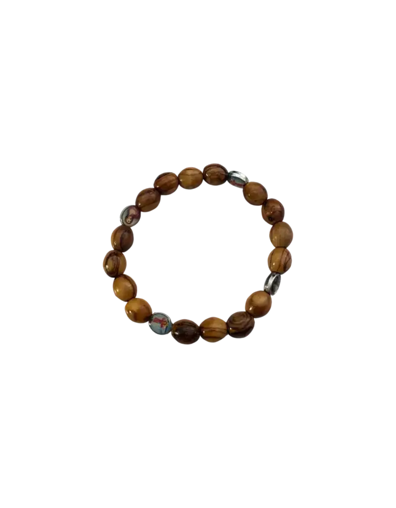 Holy Land Cradle Olive Wood Round or Cross  Bead Bracelet with Icons