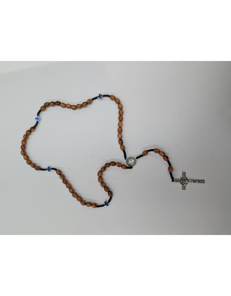 Holy Land Cradle Olive wood St. Benedict Rosary with blue cross decade bead
