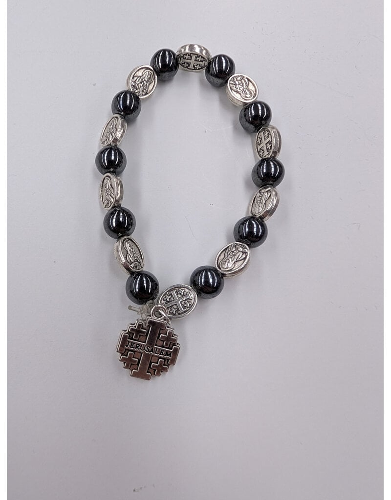 Holy Land Cradle Hematite Marian Medal and Jerusalem Cross bracelet
