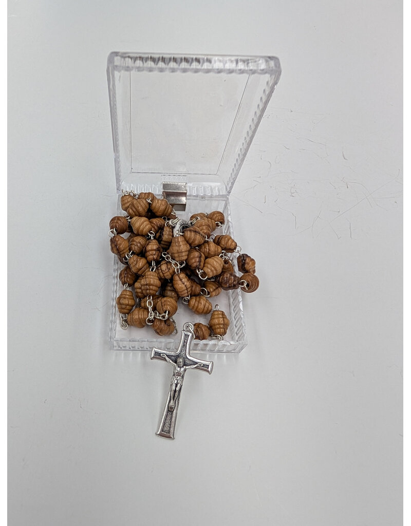 Holy Land Cradle Olive wood Rosary with Marian medal and soil, boxed