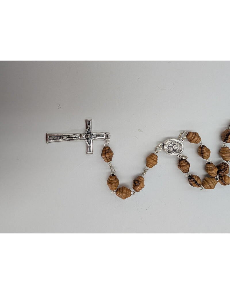 Holy Land Cradle Olive wood Rosary with Marian medal and soil, boxed