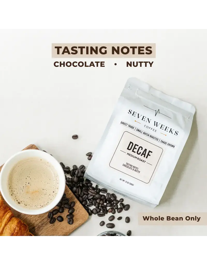 Seven Weeks Coffee:  Decaf, Medium Roast, Whole Bean, 12 oz Bag | Nutty, Dark Chocolate, Sweet