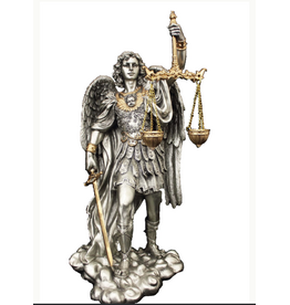 Goldscheider of Vienna St. Michael Scales of Justice Statue,  pewter style with gold highlights 11"
