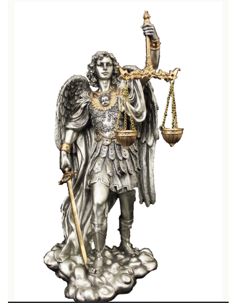 Goldscheider of Vienna St. Michael Scales of Justice Statue,  pewter style with gold highlights 11"