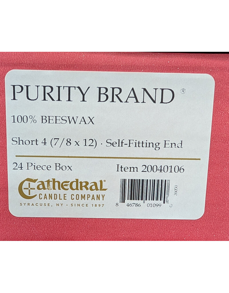 Cathedral Candle Co. 7/8" x 12" 100% Beeswax Short 4s Taper (Self-Fitting End, Box of 24)