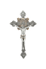 Goldscheider of Vienna St. Benedict Crucifix,   pewter style finish,  gold trim, 7.75"