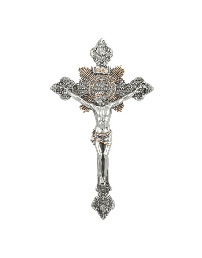 Goldscheider of Vienna St. Benedict Crucifix,   pewter style finish,  gold trim, 7.75"