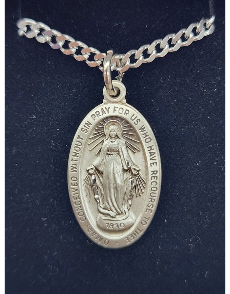 Sterling Silver Miraculous Medal on 24" Stainless Steel Chain
