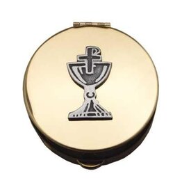 CA gift Pyx With Chalice and Chi-Rho Cross (PC551) - 1 1/2" Diameter, 1/2" Deep, Polished Gold Plated, Holds 6-9 Hosts