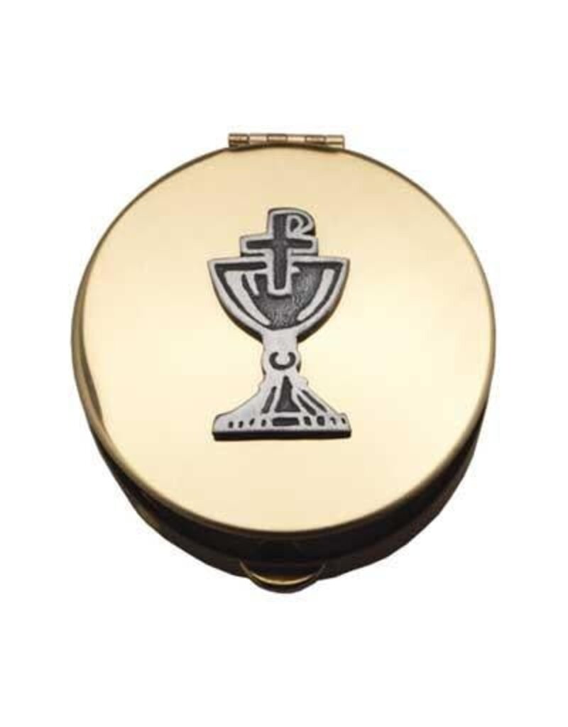 CA gift Pyx With Chalice and Chi-Rho Cross (PC551) - 1 1/2" Diameter, 1/2" Deep, Polished Gold Plated, Holds 6-9 Hosts
