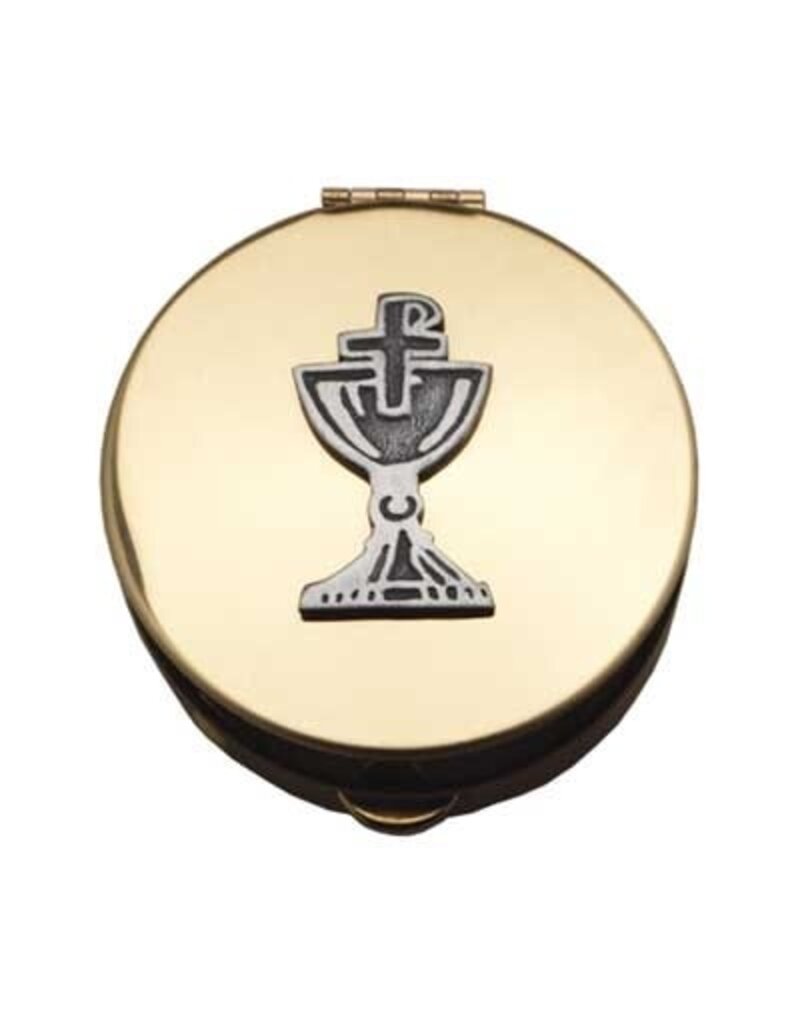 CA gift Pyx With Chalice and Chi-Rho Cross (PC551) - 1 1/2" Diameter, 1/2" Deep, Polished Gold Plated, Holds 6-9 Hosts