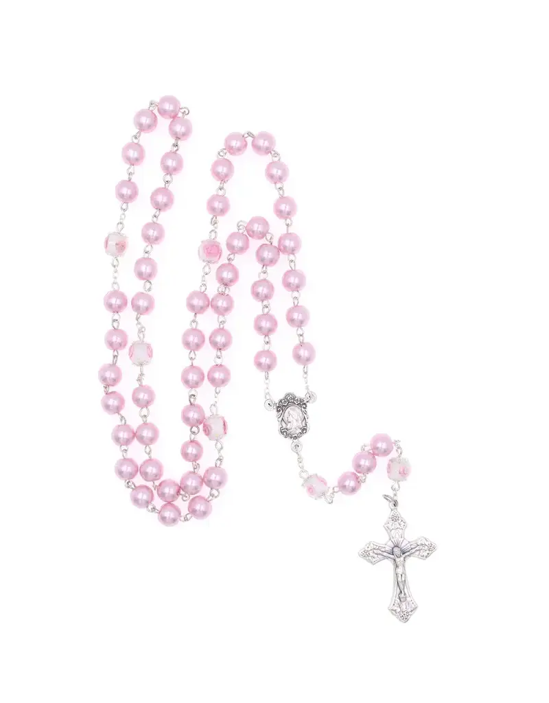 Devon Trading Company Rose Faux Pearl With Floral Our Father Beads