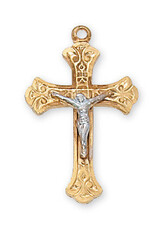 McVan Gold over Sterling Silver Two Tone Crucifix 18" Gold Plated Chain and Deluxe Gift Box