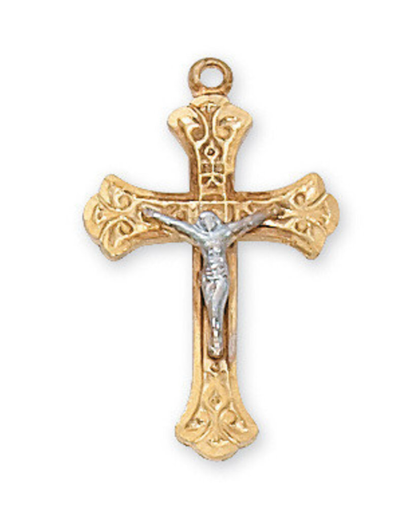 McVan Gold over Sterling Silver Two Tone Crucifix 18" Gold Plated Chain and Deluxe Gift Box