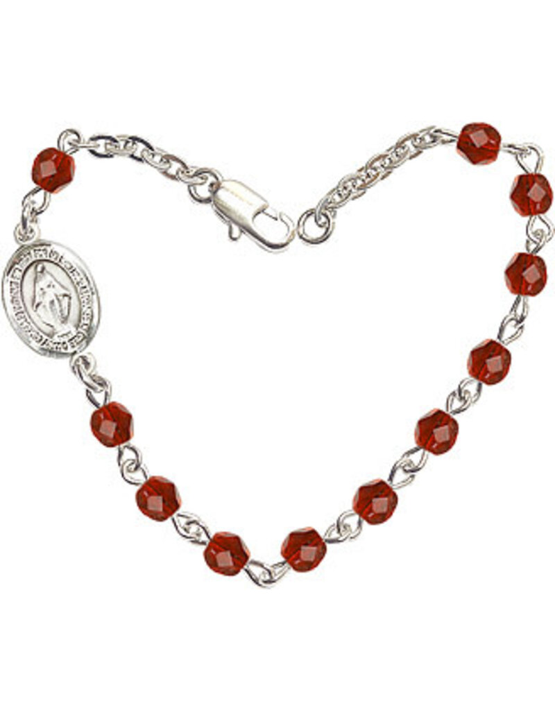 Bliss Manufacturing Silver Plate Bracelet with 4mm Ruby Checo Fire Polished Beads and Pewter Miraculous Charm