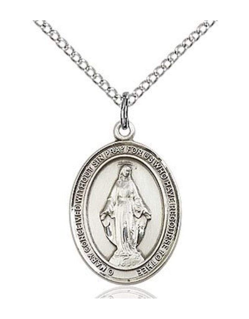 Bliss Manufacturing Sterling Silver Miraculous Medal Charm Pendant With 18" Chain Necklace