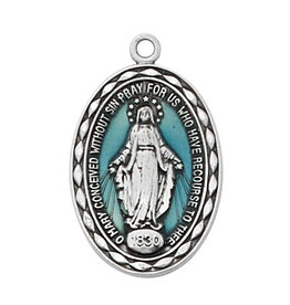 McVan Blue Miraculous Medal Sterling Silver With 18" Chain Necklace