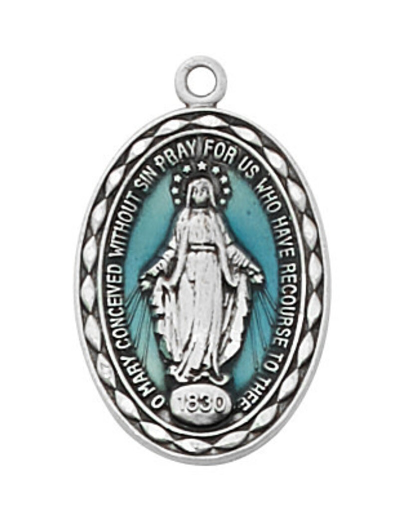 McVan Blue Miraculous Medal Sterling Silver With 18" Chain Necklace