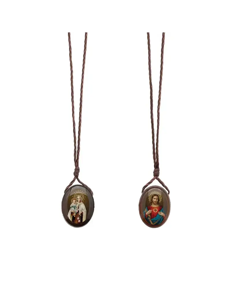 Oremus Mercy Oval Wooden Scapular -  Sacred Heart of Jesus + Lady of Mt. Carmel