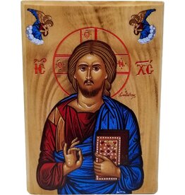 Logos Trading Post Holy Land Olive Wood Full Color Icon from Israel, Jesus King of The Universe, Handmade Wooden Standing Icon Plaque
